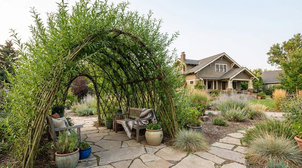 A woven living willow structure creating an architectural form in a boho garden, showing willow branches that have rooted and leafed to form a growing arbor or tunnel that strengthens and greens each season.