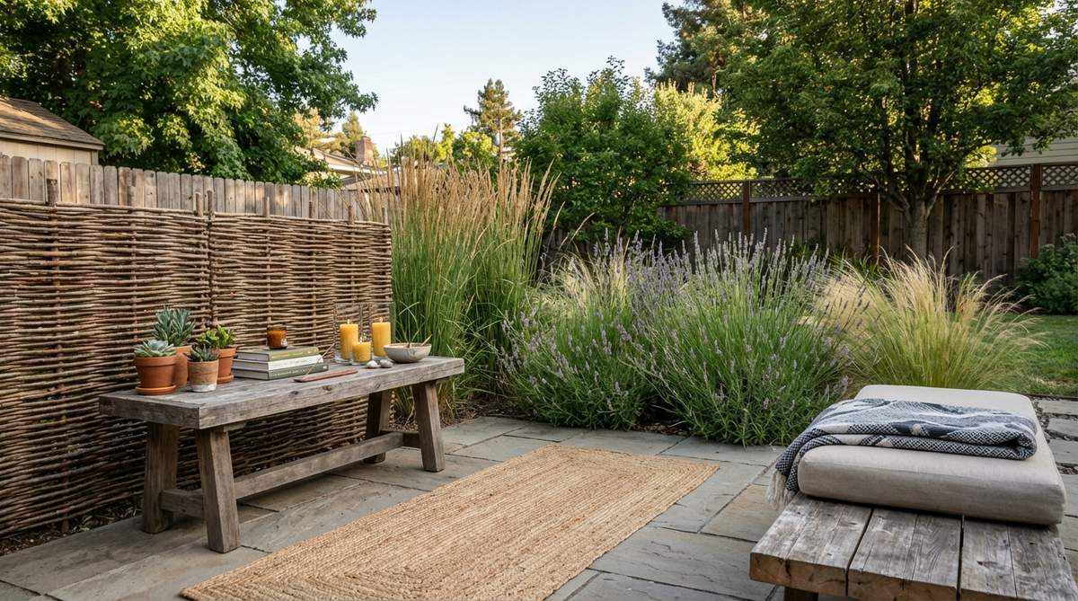 A serene bohemian-style meditation and yoga corner in a garden, featuring a flat surface with an outdoor yoga mat, privacy screening with ornamental grasses and fragrant plants, minimal furnishings, and a small altar with candles and meaningful objects to support mindfulness practices central to boho lifestyle.
