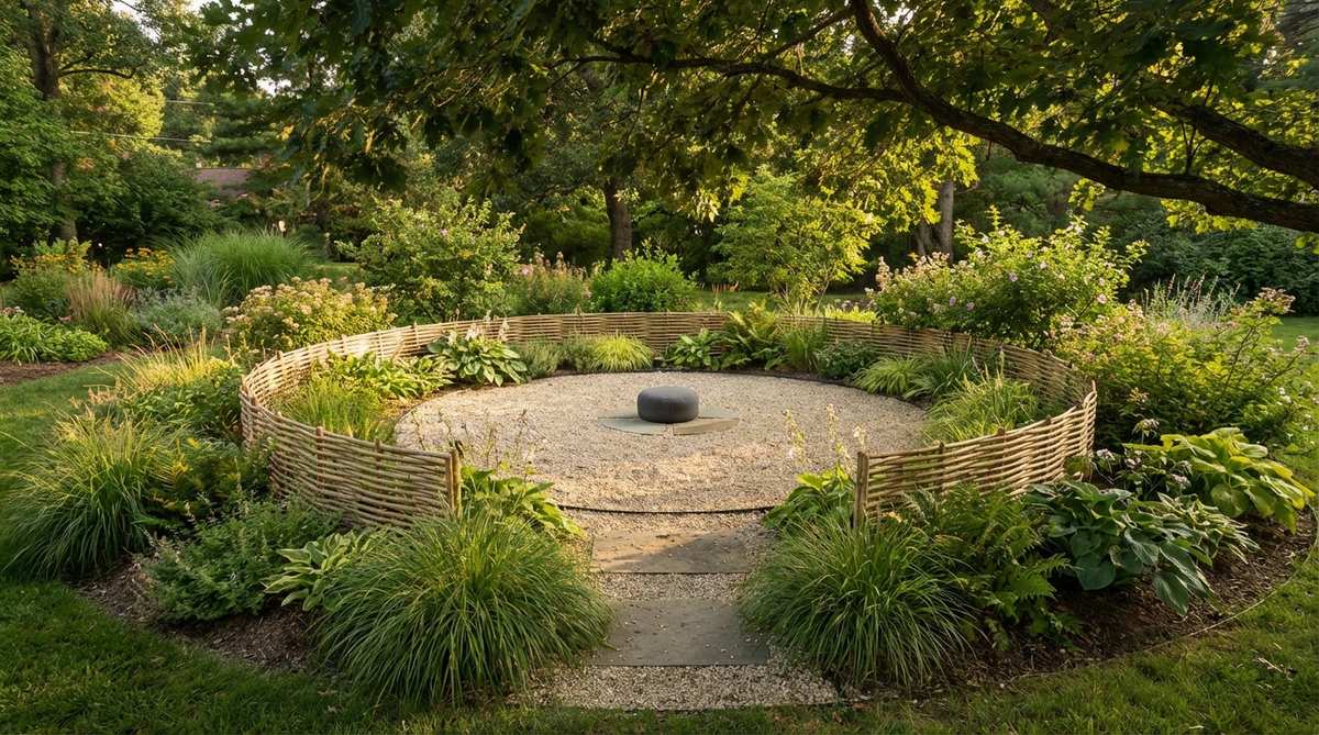 A perfectly circular meditation space defined by low bamboo fencing or a pruned hedge, contrasting with the surrounding garden's organic asymmetry. The enclosure, with a diameter of 12-15 feet, features a single meditation cushion in the center, designed for zazen practice in a symbolic and serene setting.