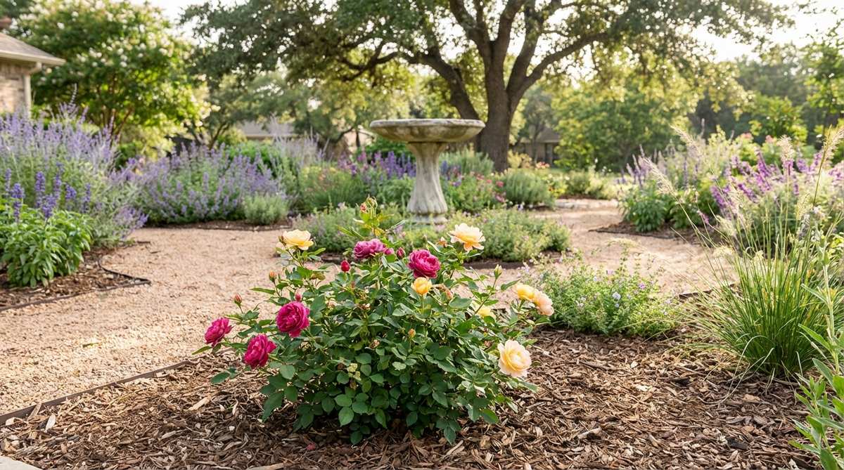 A close-up image of a miniature rose plant, showcasing its compact size of 12-18 inches with vibrant, proportional blooms in standard rose colors, ideal for small gardens or container planting.