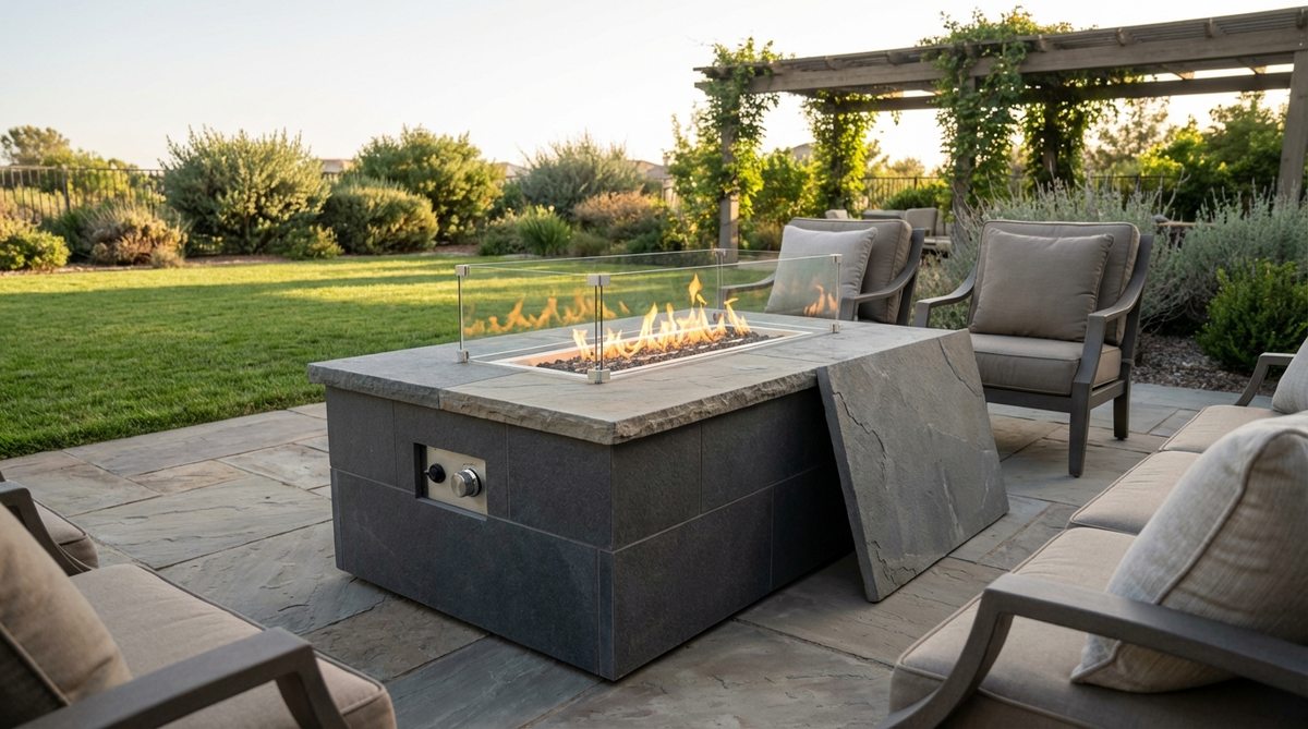 A modern modular fire pit table featuring a solid lid that converts it into a standard coffee table, with tempered glass wind guards to protect flames while maintaining visibility. Includes adjustable flame height, built-in ignition, and heat-resistant tile or stone surfaces for extended outdoor use.