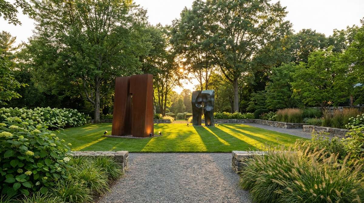 Abstract or figurative monumental sculptures in bronze, corten steel, or marble, serving as landscape anchors in garden decor. Ideal for open lawn areas or terminal viewpoints, with proper lighting to enhance visibility and create dramatic shadows in evening settings.