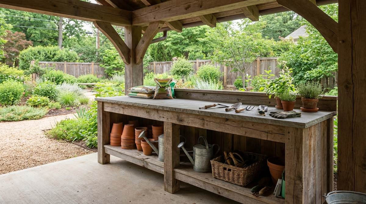 A rustic natural wood potting bench made from reclaimed wood and stone surfaces, designed for garden maintenance with weatherproof worktops and open shelving to organize tools and supplies. Features a comfortable 36-inch height, lower shelves for storage, and ideal for covered areas to enhance durability while maintaining a rustic aesthetic through natural aging.