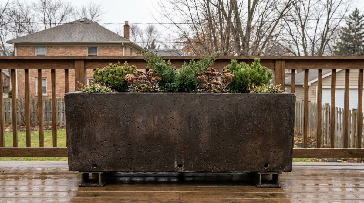 A frost-resistant planter with multiple drainage holes and elevated feet, designed to prevent waterlogging and protect plants during winter freeze-thaw cycles on balconies.