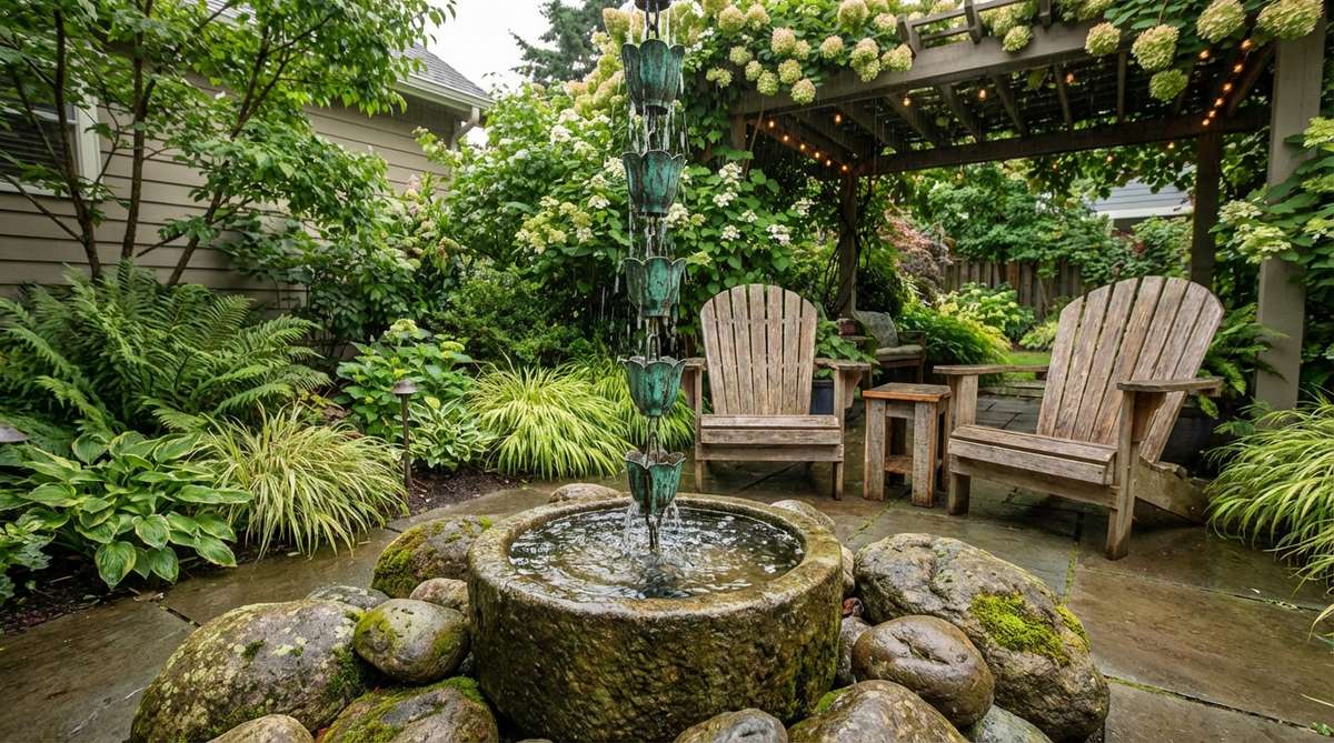 A decorative copper rain chain directing rainwater from a downspout into a stone basin, creating a cascading visual and auditory feature in a cozy garden setting. The chain shows verdant green patina from weathering, positioned near seating areas for seasonal enjoyment.