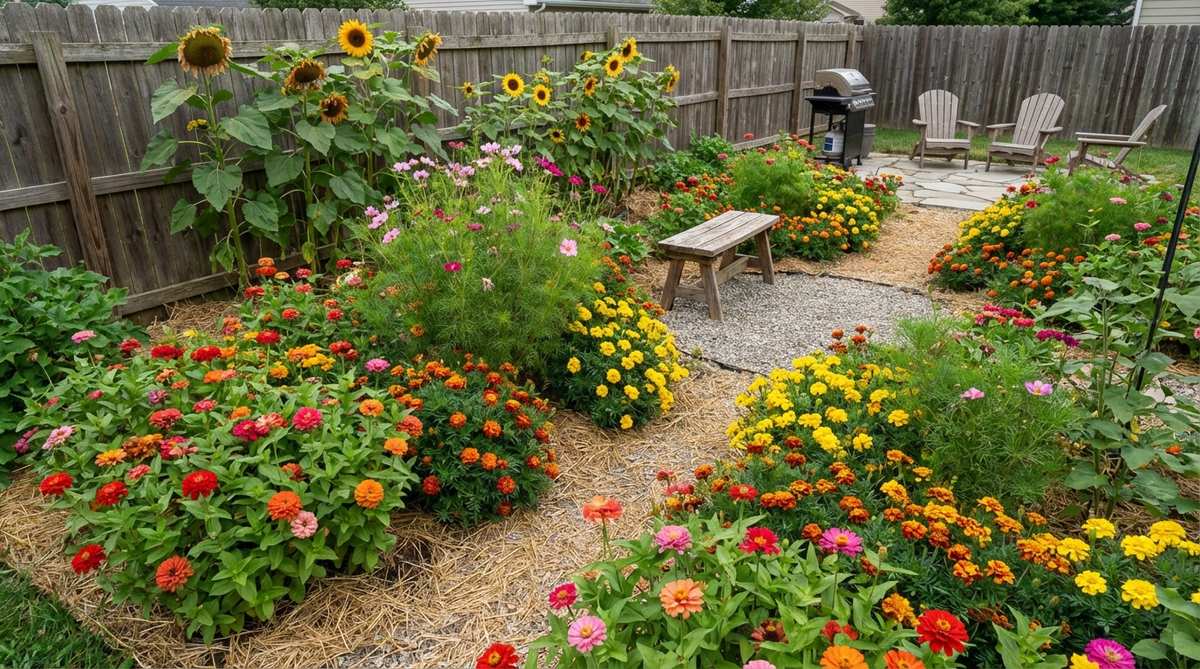 A vibrant display of annual flowers like zinnias, cosmos, sunflowers, and marigolds grown from seed in a small garden backyard, showcasing a cost-effective and abundant planting method for budget-friendly landscaping.