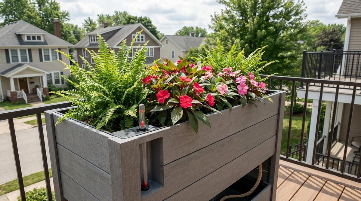 A modern self-watering planter with a built-in reservoir and water level indicator, perfect for balcony decor. The wicking system provides consistent moisture for plants like ferns and impatiens, reducing maintenance for busy households or travelers.