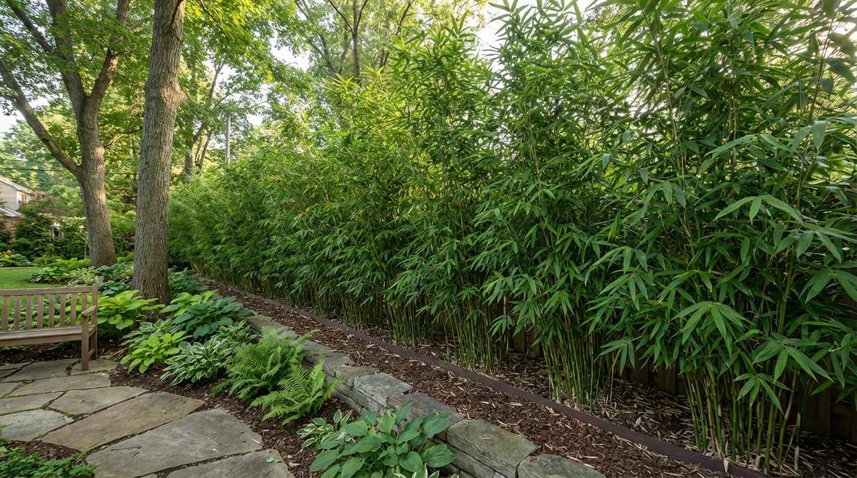 A photo of Simon Bamboo (Pleioblastus simonii) showcasing its upright growth up to 20 feet tall, medium-textured foliage for year-round screening, and thin culms, ideal for hedging in Japanese gardens. The image highlights its cold hardiness to zone 7, tolerance for shade and various soils, with emphasis on the need for root barriers to control aggressive spreading.