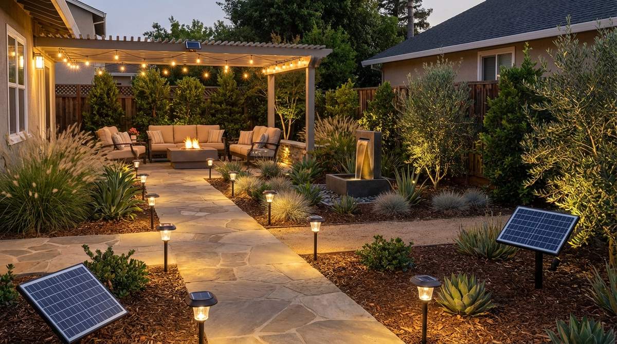 A modern garden illuminated by solar-powered LED lighting fixtures with photovoltaic panels visible in unshaded areas, showcasing sustainable outdoor lighting that operates without electrical wiring.
