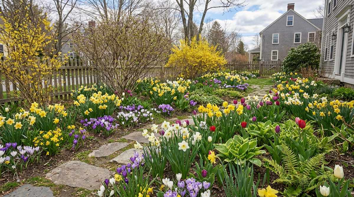 A vibrant cottage garden scene showing drifts of daffodils, crocuses, and tulips planted beneath deciduous shrubs for early spring color. The bulbs are arranged in generous groupings of 25-50 plants with staggered bloom times, creating a natural display that transitions seamlessly into summer as perennial foliage emerges.