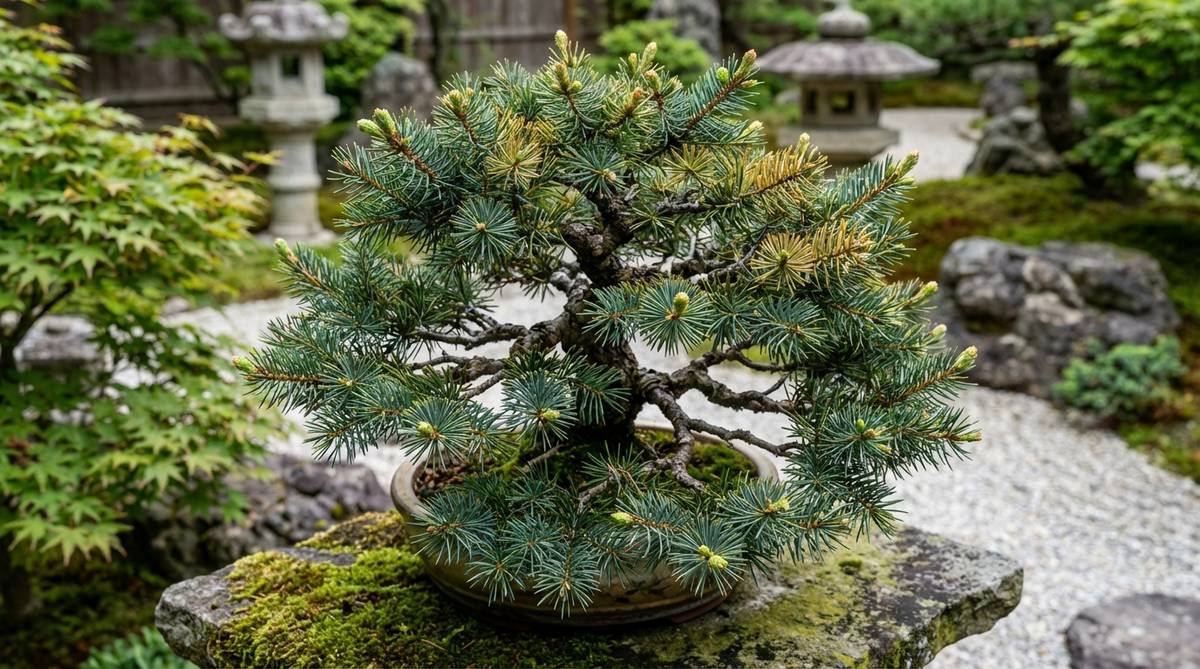 A detailed close-up of a spruce bonsai (Picea species) in a Japanese garden setting, showcasing its stiff needles that project radially around branches creating dense texture. The image highlights the blue, green, or gold coloration variations possible through cultivar selection, with focus on proper maintenance techniques like pinching new growth while soft and extending to control length and encourage back-budding.