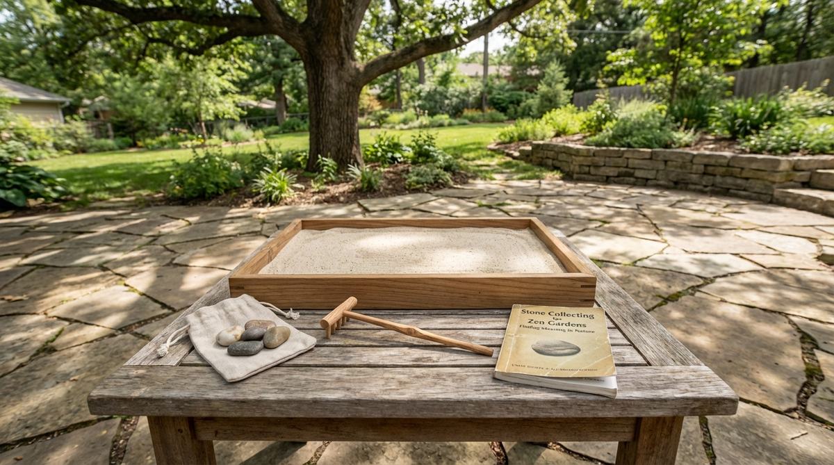 A complete stone collecting expedition kit for miniature zen gardens, featuring a tray, sand, and rake. This kit encourages users to collect their own stones from meaningful locations, integrating travel memories into daily meditation. Includes guidelines for identifying suitable stone sizes, shapes, and textures, emphasizing personal significance beyond aesthetic value.