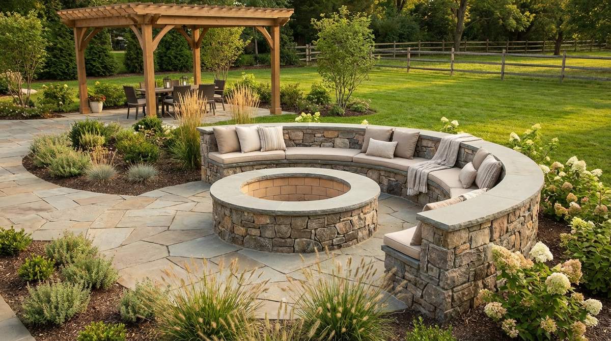 A circular stone fire pit with integrated bench seating, built using mortared stone and firebrick lining for heat protection, positioned in a garden setting to extend outdoor gatherings into cool evenings.