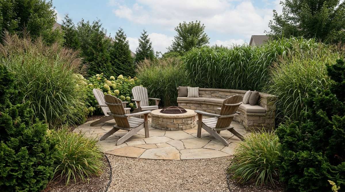 A circular stone platform at the end of a garden pathway, designed as an outdoor gathering space with seating arrangements. The 12-16 foot diameter circle accommodates furniture groupings for socializing, surrounded by tall plantings for privacy and enclosure, transforming pathways into intentional garden destinations.