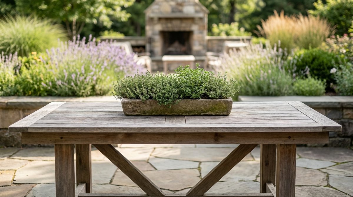 A low-profile planter designed as an outdoor dining table centerpiece, measuring 18-30 inches long and 4-6 inches tall. Planted with low-growing herbs like thyme or oregano, it adds a functional, living element to outdoor dining settings without obstructing sightlines or conversation.