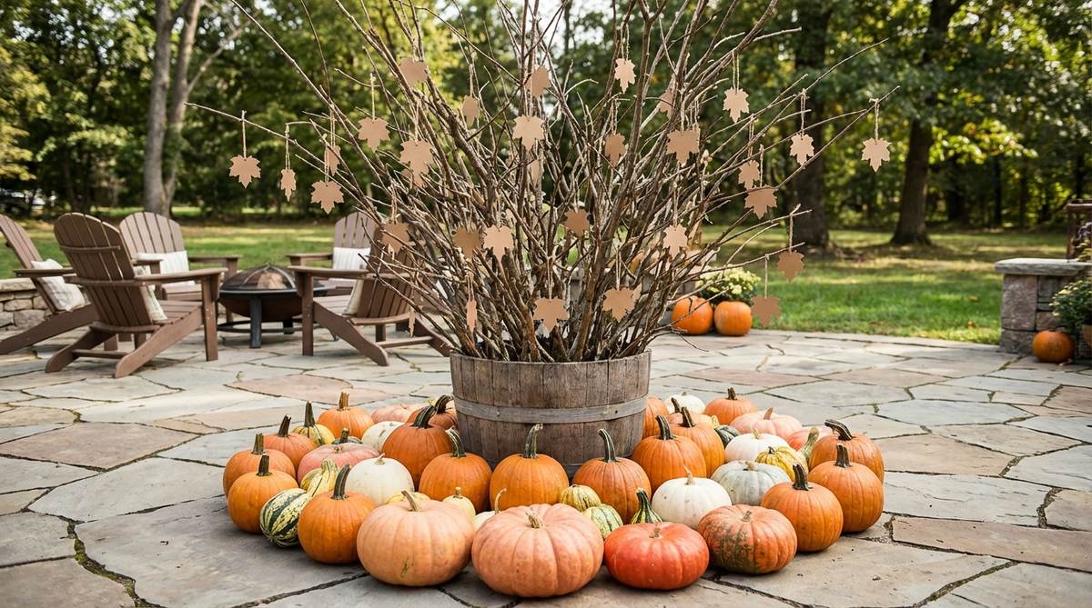 A decorative outdoor arrangement featuring a large branch arrangement in a container surrounded by pumpkin circles, with paper leaves attached to the branches for writing gratitude statements, creating an interactive Thanksgiving tradition.