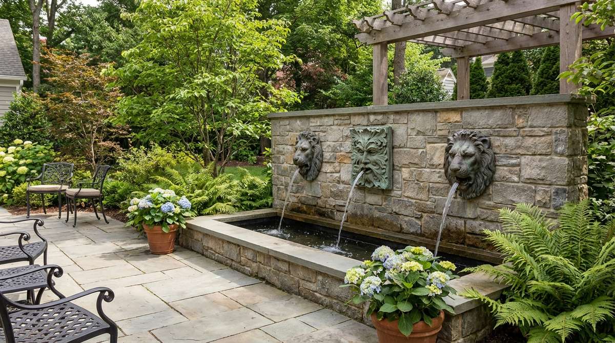 Decorative wall fountain masks with water spouting from mouths, featuring lion heads, Green Man carvings, or classical masks in bronze or aged stone finishes. These 12-18 inch elements add European courtyard character to garden decor with recirculating pumps creating soothing water sounds.