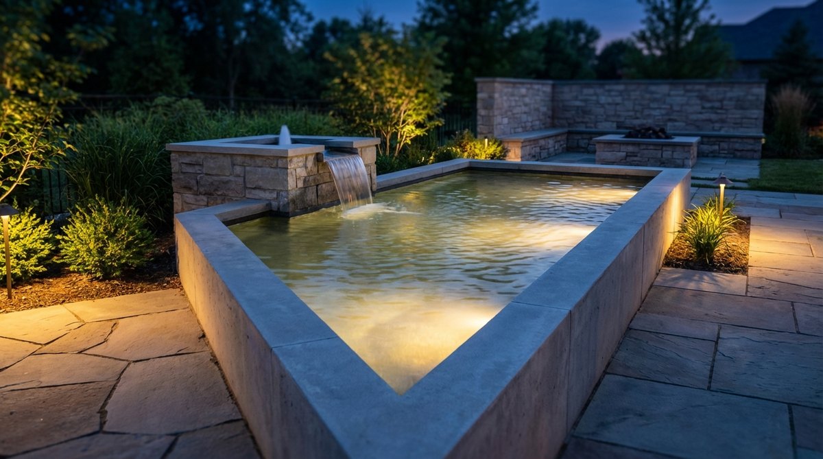 A modern garden water feature illuminated with submersible LEDs or edge-mounted fixtures, showcasing soft white or warm-toned lighting that enhances reflecting pools or fountains as luminous focal points after dark, without harsh glare.