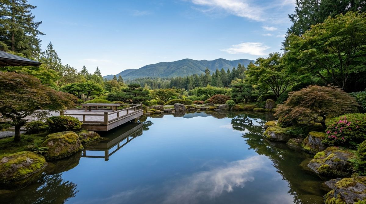 A serene Japanese garden water feature designed to reflect the sky or distant mountains, creating a mirrored repetition that enhances visual presence. The still water surface maintains perfect clarity for reflection, demonstrating the principle of borrowed scenery (shakkei) through controlled perspective.