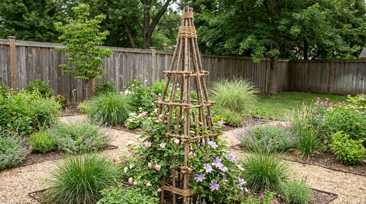 A rustic garden obelisk tower made from bundled straight branches, creating a natural vertical plant support structure with a tapered pyramid shape. The organic form features branches lashed together at the top with spread bases, showing horizontal crosspieces for reinforcement. Positioned in a garden bed as a structural focal point with climbing plants at the base.