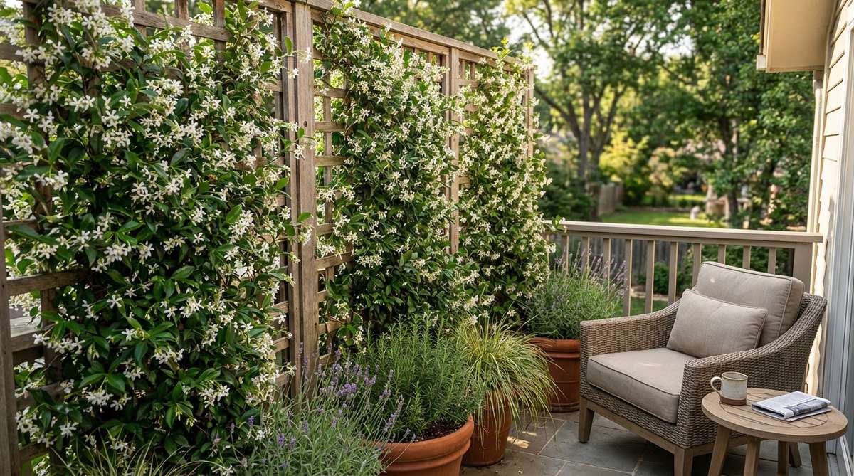 Fragrant jasmine vines trained on a tall trellis for balcony privacy, with green leaves and white flowers that perfume the air and attract pollinators.