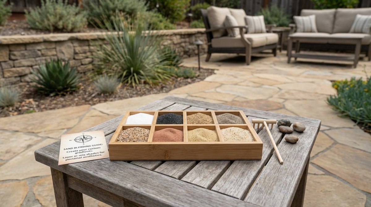 A miniature zen garden sand palette featuring multiple sand colors including white, black, tan, and grey for custom blending. Users can create unique color gradients or layered patterns with eight sand shades and mixing instructions for distinctive personal aesthetics.