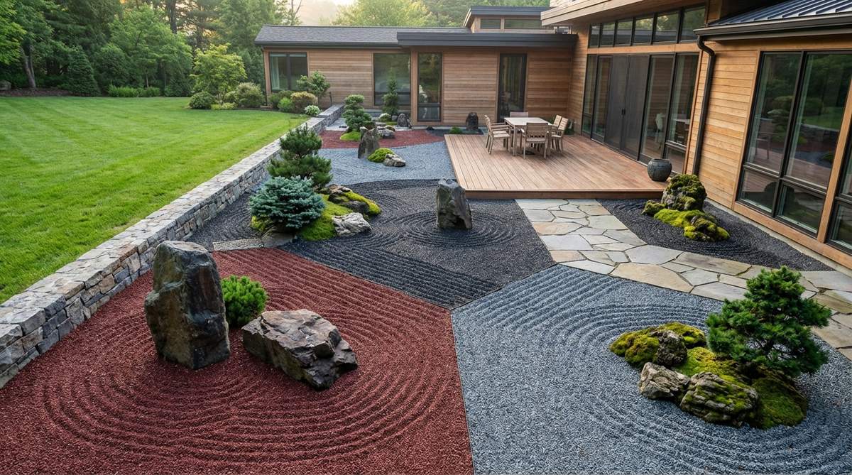 A modern Japanese Zen garden featuring non-traditional colored gravel in red, black, and gray crushed granite, creating striking contemporary effects that harmonize with surrounding architecture. This innovative approach to gravel color represents a departure from traditional white sand, expanding expressive possibilities while remaining controversial among traditionalists.