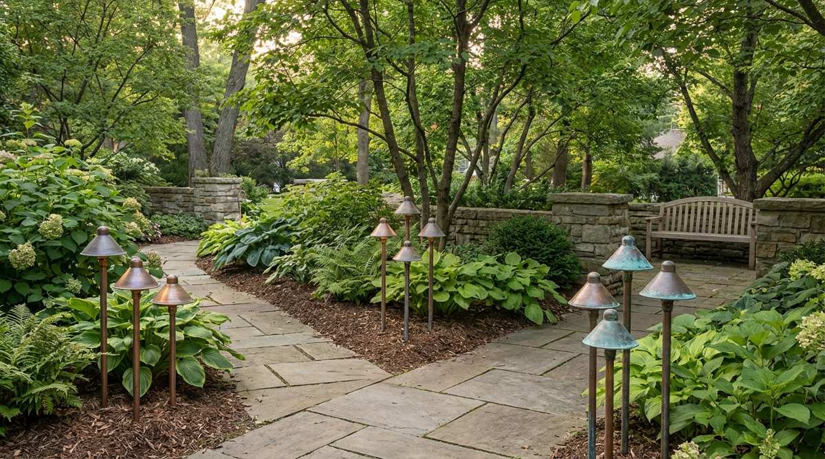 Aged copper pathway luminaires with natural patina development in a garden setting, showing the transition from metallic to verdigris green. Installed in odd-numbered groupings along garden paths for natural, rhythmic lighting effects that complement established garden decor.