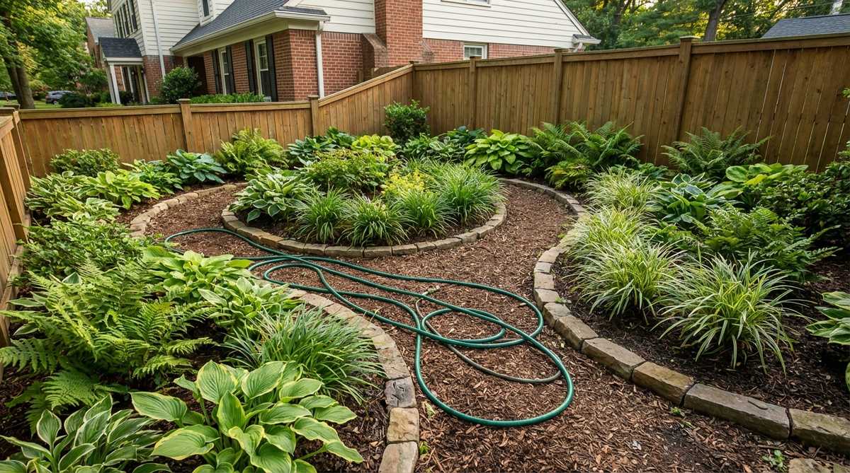 A close-up view of a small backyard garden featuring curved planting beds with flowing, gentle lines instead of straight edges. The organic curves create an illusion of extended space, with lush plants arranged along the sweeping borders. A garden hose is visible on the ground, used to lay out the curves before planting, demonstrating the design technique for maximizing perceived distance in limited areas.