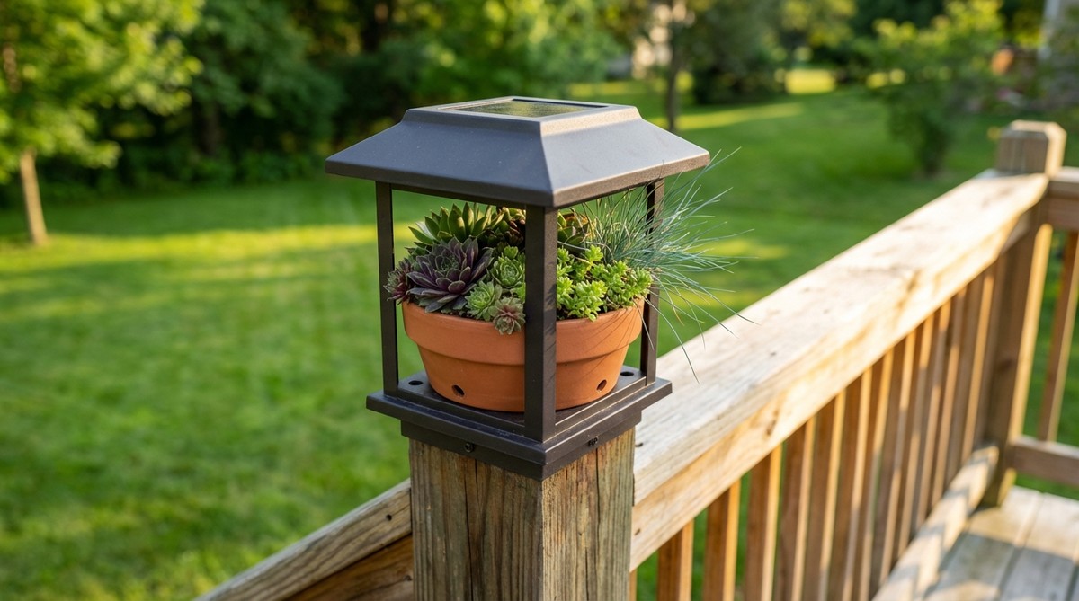 A dual-function outdoor lighting fixture featuring solar caps with integrated planters, designed for deck posts. This product combines ambient solar lighting with succulent planters, merging horticulture and illumination. It includes drainage channels to protect solar components and is suitable for planting sedums, sempervivums, and compact ornamental grasses.
