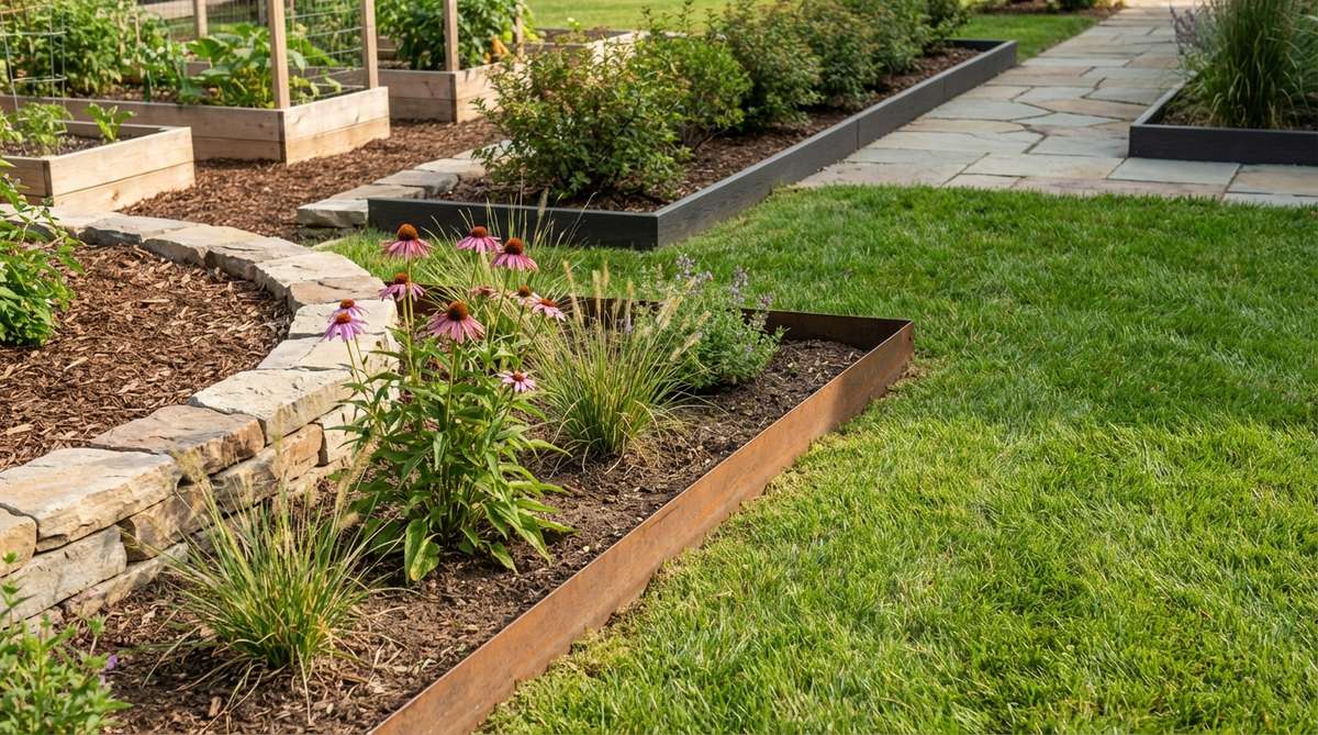 A close-up photo showing decorative edging systems made of steel, stone, or composite materials defining planting bed boundaries in a small garden. The clean lines effectively separate cultivation zones from lawns or paths, preventing grass encroachment and reducing maintenance needs.