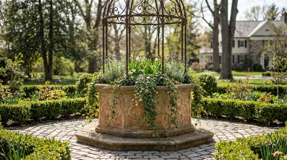 A decorative stone wellhead with carved detailing and wrought iron framework, serving as a planter pedestal in a garden setting. This historic or reproduction ornament stands 30-48 inches tall, ideal for use as a centerpiece in courtyard gardens filled with trailing plants or seasonal bulbs. Its antique character complements European and formal American estate garden styles.