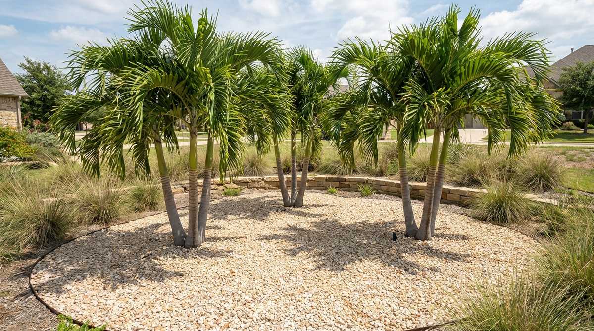 A grouping of multi-trunk flagpole palms planted through light-colored gravel, creating tropical vertical accents with smooth gray trunks rising 20-25 feet. The palms are arranged in a natural cluster of 3-5 trunks at varying heights, surrounded by white gravel that emphasizes their dramatic vertical lines. This drought-tolerant palm grouping is suitable for contemporary and tropical garden designs in frost-free zones.
