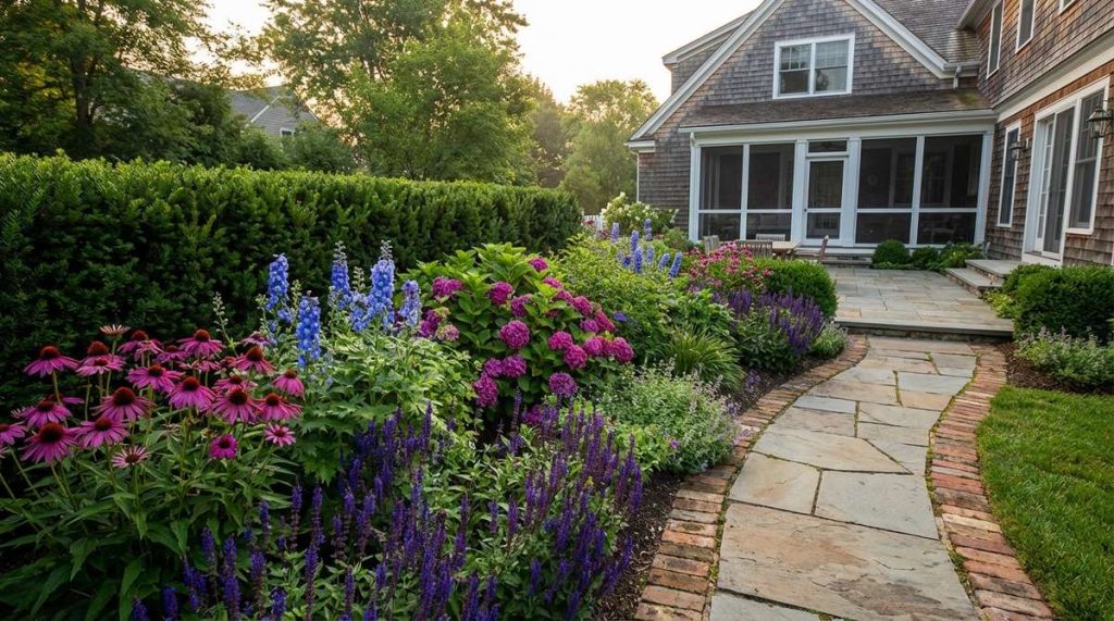 A garden border featuring deep jewel tones like purples, blues, and magentas against dark hedges, creating a luxurious and vibrant color harmony suitable for both formal and cottage garden aesthetics.