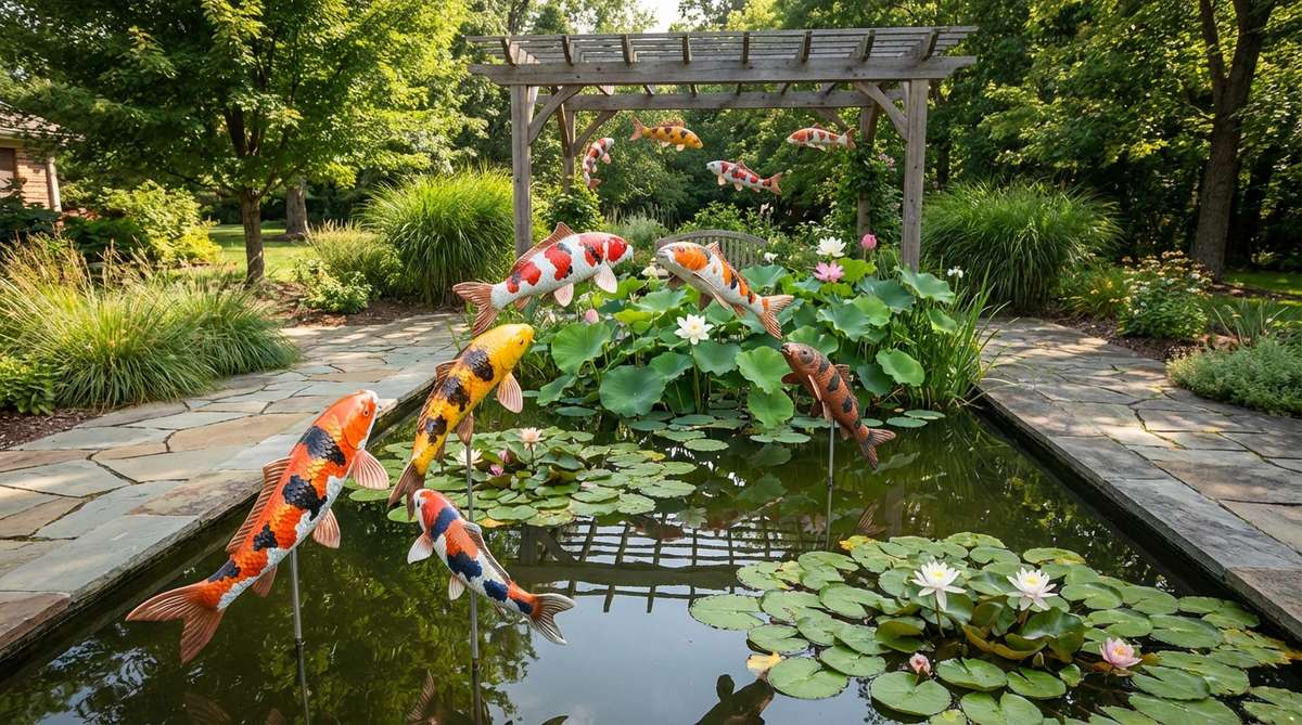 Metal or ceramic koi fish sculptures in orange, white, and black patterns, designed for water features in Asian-inspired gardens. Includes wall-mounted versions that create the illusion of fish leaping from water, and recommendations for suspending above water surfaces or mounting on fountain walls.