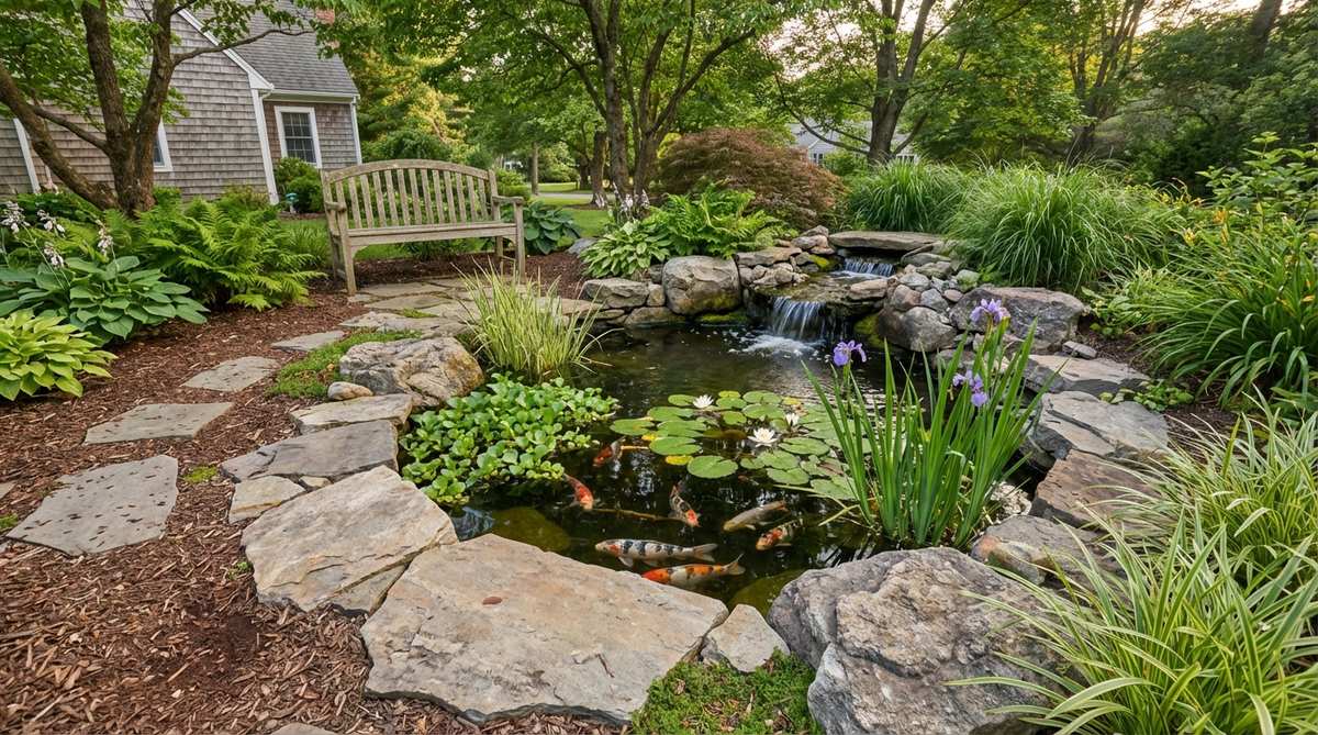 A small preformed koi pond tucked into a garden corner, featuring aquatic plants and fish, with natural stone edging that blends seamlessly into the surrounding landscape. The pond generates subtle water sounds from its filtration system, adding dynamic interest to the cozy garden setting.