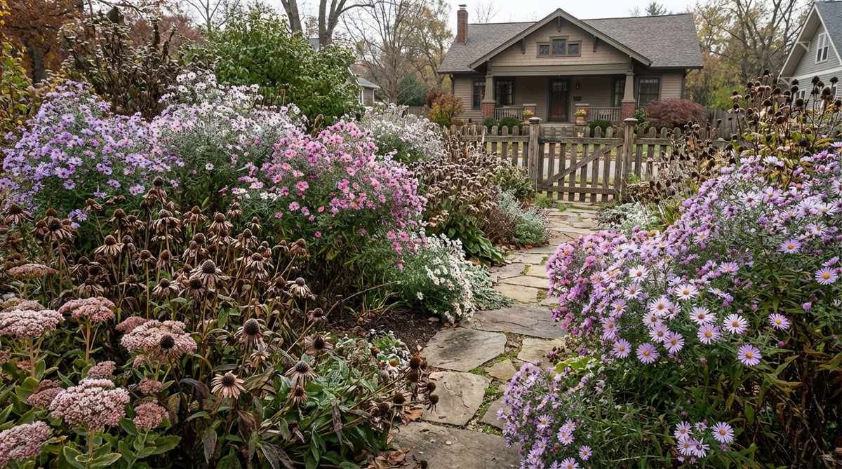 Native asters blooming in late season with purple, pink, and white daisy-like flowers creating airy effects in a cottage garden design, contrasting with earlier bold blooms and providing nectar through frost.