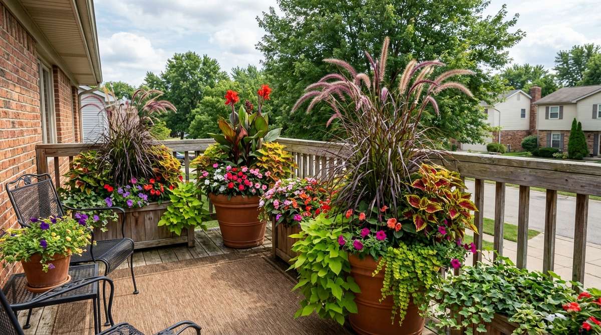 A vibrant mixed container garden on a balcony, showcasing a combination of thriller, filler, and spiller plants arranged for optimal visual impact. This display illustrates how to create professional and abundant balcony decor using plants with similar water and light requirements, suitable for tropical, cottage, or modern styles.