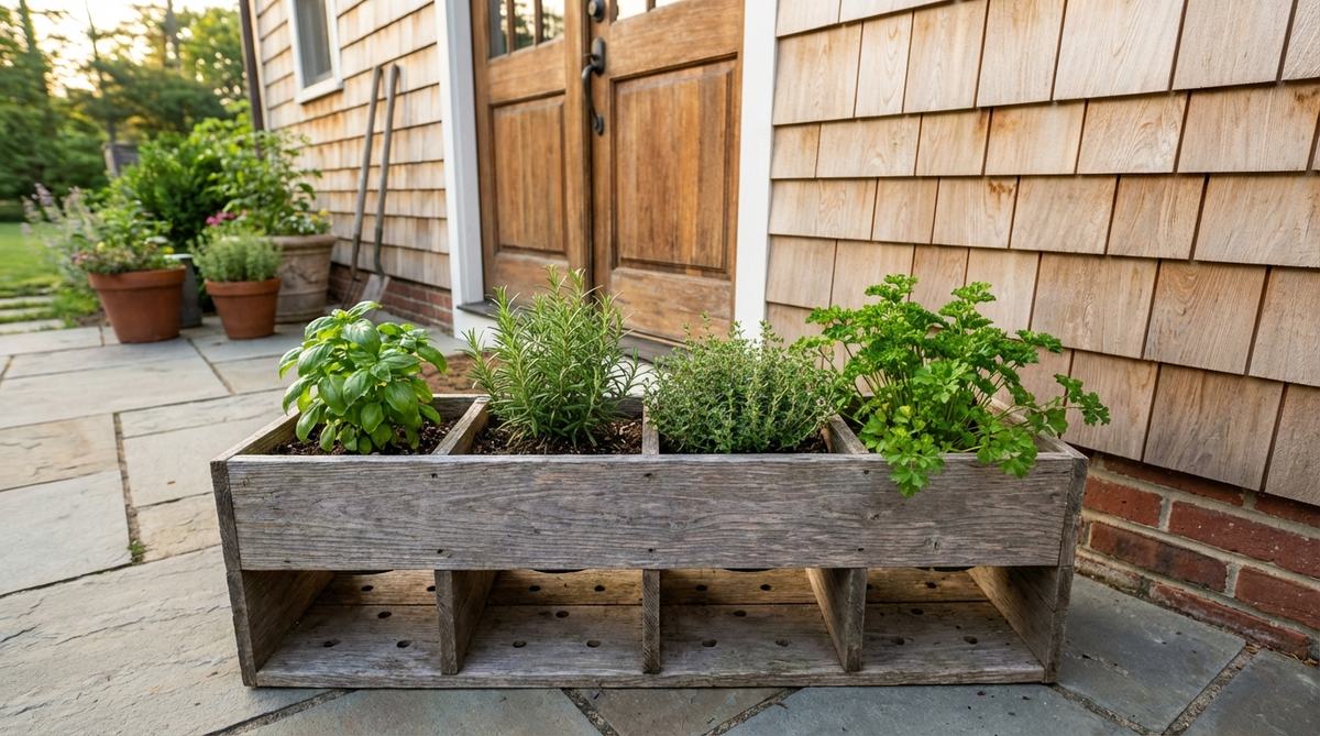 A divided outdoor planter with multiple compartments for growing different herbs in one container, featuring independent drainage in each section and positioned conveniently near a kitchen door for easy culinary access.