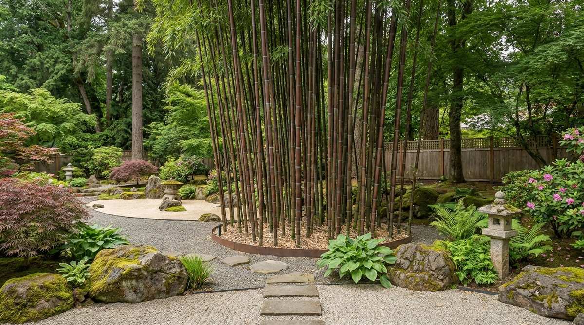 A tall, upright bamboo with distinctive burgundy-brown striped culms, growing 20-30 feet tall in a Japanese garden setting. This cold-hardy species (Semiarundinaria fastuosa) has a narrow footprint and straight culms that create classic Japanese grove aesthetics, suitable for medium-sized gardens when contained with barriers.