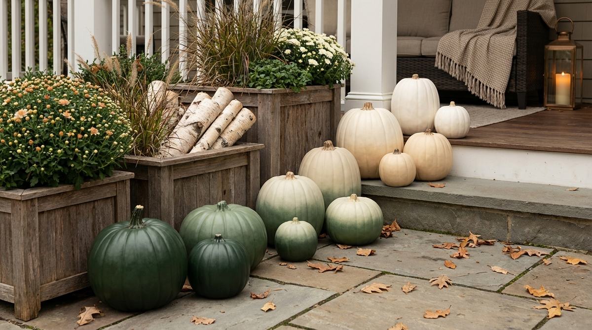 A series of pumpkins painted in graduated shades of a single color, arranged from darkest to lightest for sophisticated outdoor fall decor. The ombre gradient creates visual flow and contemporary style, perfect for porches, steps, or mantels.