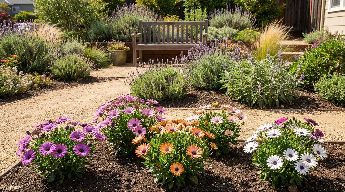 Close-up of vibrant Osteospermum flowers, also known as African daisies, showcasing their bold purple, pink, orange, and white petals with contrasting centers. The 8-12 inch perennial plants are shown in full sunlight with well-drained soil, demonstrating their characteristic behavior of opening fully in bright conditions for maximum visual impact in a small garden setting.