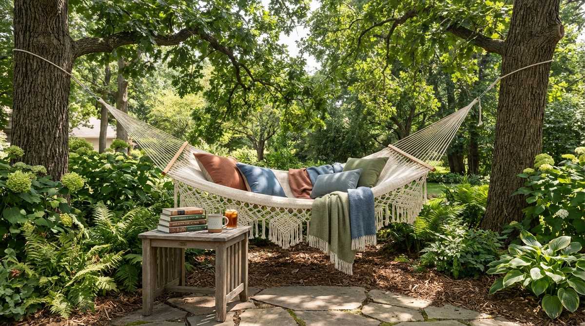 A bohemian-style outdoor reading nook featuring a comfortable hammock suspended between trees, surrounded by lush greenery for natural shade. The cozy setup includes colorful outdoor pillows, soft throws, and a weatherproof side table holding books and beverages, creating a peaceful retreat for reading and connecting with nature.