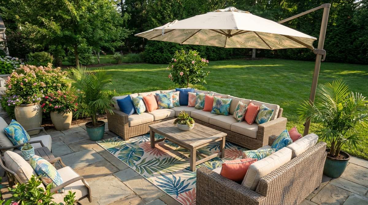 A vibrant collection of outdoor cushions, umbrellas, and rugs featuring palm frond prints and tropical motifs in weatherproof fabrics, designed to enhance comfort in garden seating areas with seasonal color refresh options.