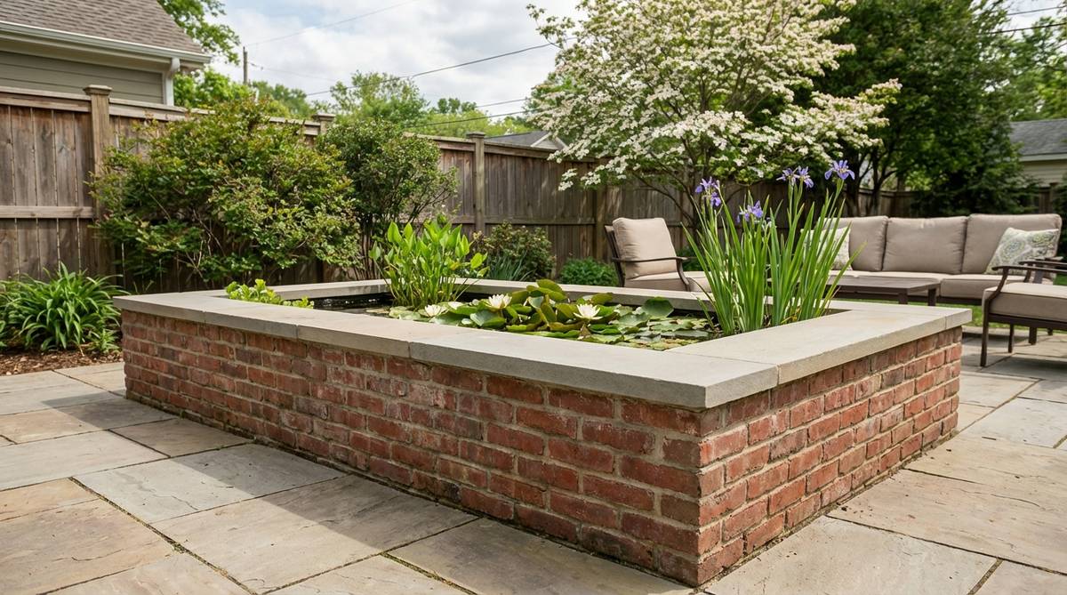 A raised pond with coping in a small garden space, featuring block or brick construction elevated 18-24 inches above ground level. The raised edge serves as casual seating and brings aquatic plants closer to eye level, providing a safe barrier for families with young children and simplifying installation with preformed rigid liners.