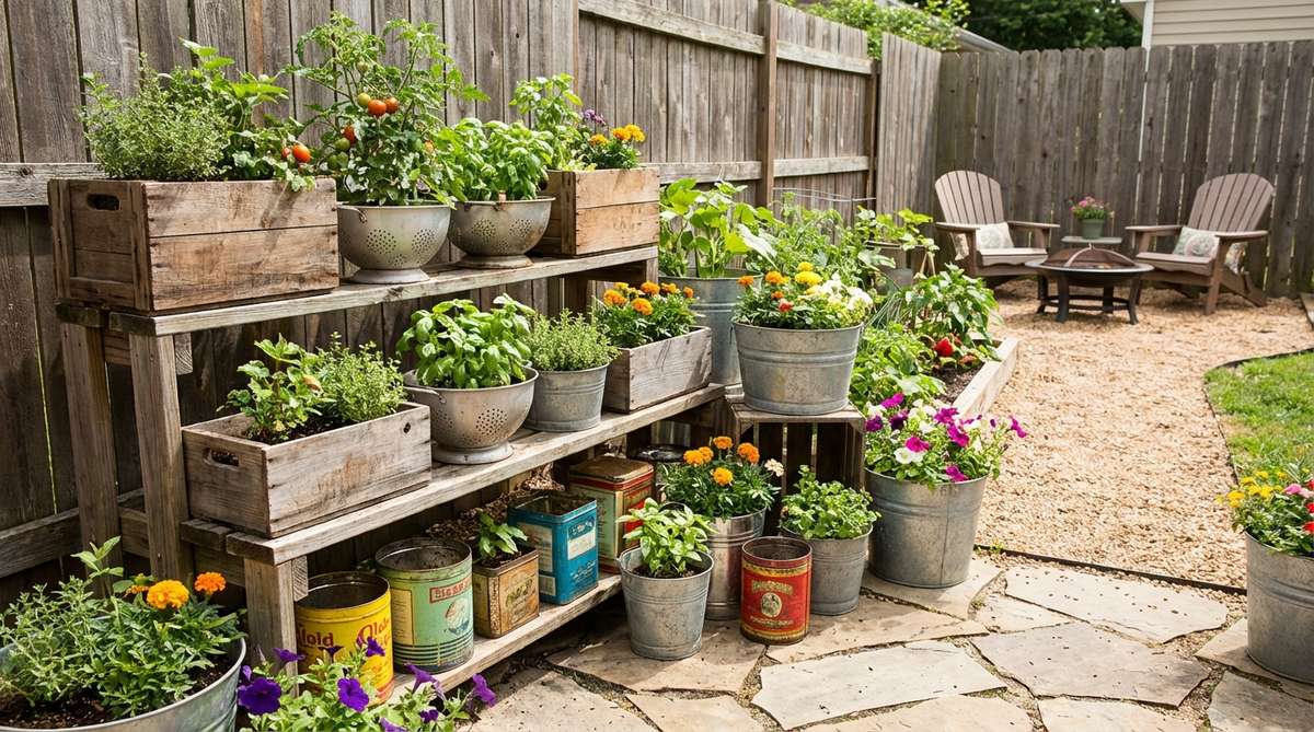 A creative display of recycled container gardens in a small backyard, featuring repurposed items like buckets, colanders, wooden crates, and metal tins as unique planters, adding personality and saving costs while promoting sustainability.