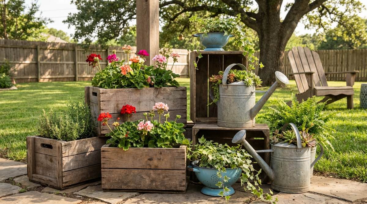 A creative outdoor decoration featuring repurposed vintage items like watering cans, colanders, or crates used as planters, adding whimsy and sustainability to garden spaces.