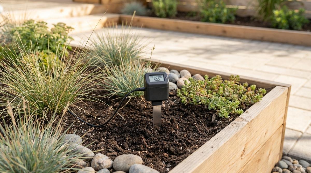 An in-ground soil moisture sensor installed in a contemporary garden bed, measuring moisture levels at root depth to optimize irrigation and prevent over-watering.