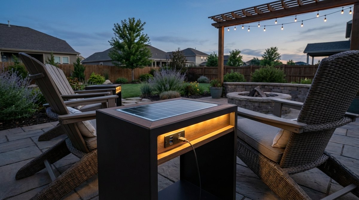 A modern solar charging table with USB ports and LED lighting, perfect for small garden furniture. This side table features integrated solar panels and battery storage for cord-free device charging of phones, tablets, and speakers during outdoor entertainment. The energy-efficient LED lighting illuminates seating areas after dark.