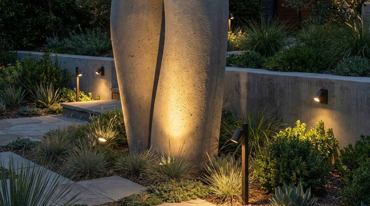 A modern garden design featuring a concrete sculpture illuminated by directional spotlights that graze its surface to highlight texture and form, with adjustable fixtures for seasonal changes and narrow beam angles for dramatic effect, all discreetly integrated into plantings or walls.